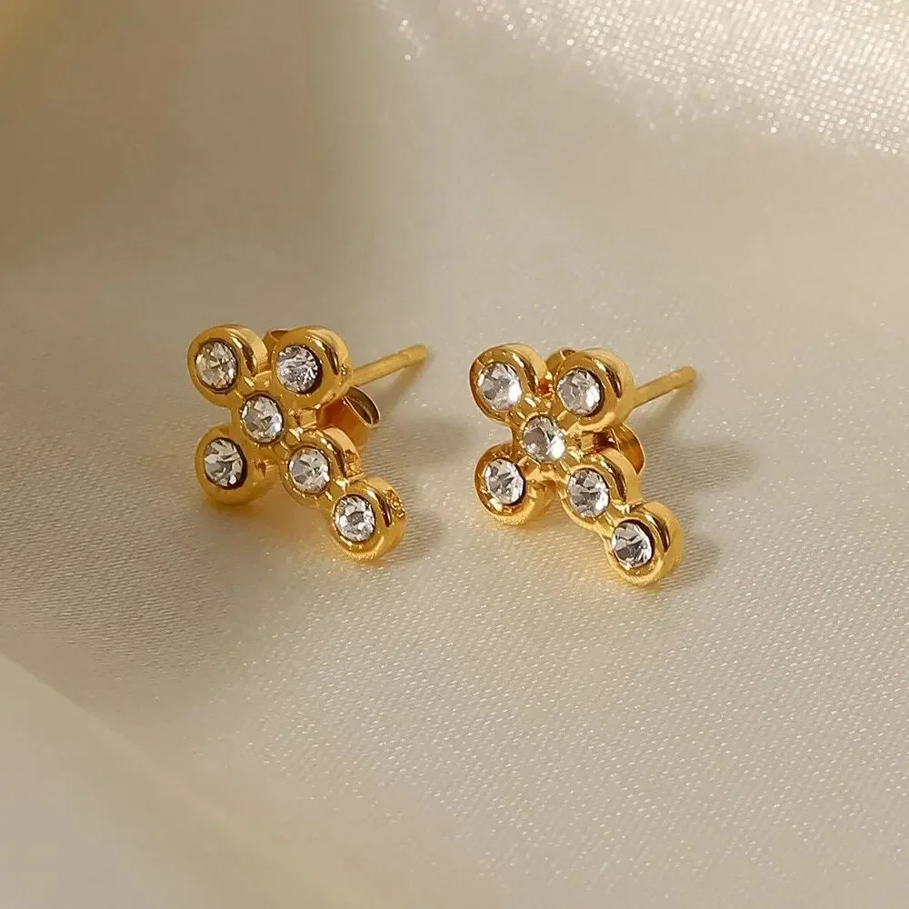 Zircon Cross Stud Earrings 18K Gold Plated Minimalist - Picture 5 of 7